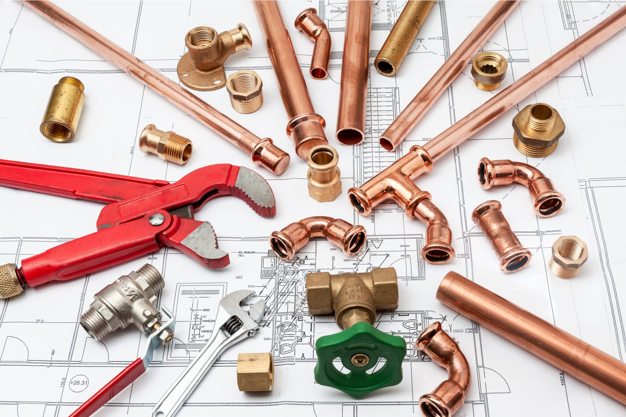 Copper pipes, fittings, valves, and plumbing tools in Sanford