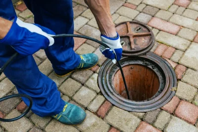 Plumber cleaning an outdoor sewer drain in Sanford
