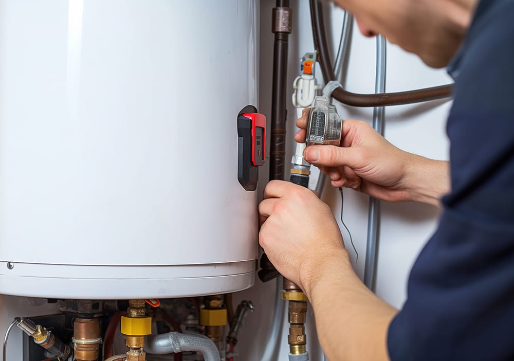 Technician repairing pipes connected to a water heater in Sanford
